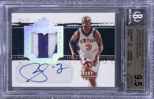 2003-04 UD "Exquisite Collection" Noble Nameplates #ST Stephon Marbury Signed Game Used Patch Card (#25/25) – BGS GEM MINT 9.5/BGS 10
